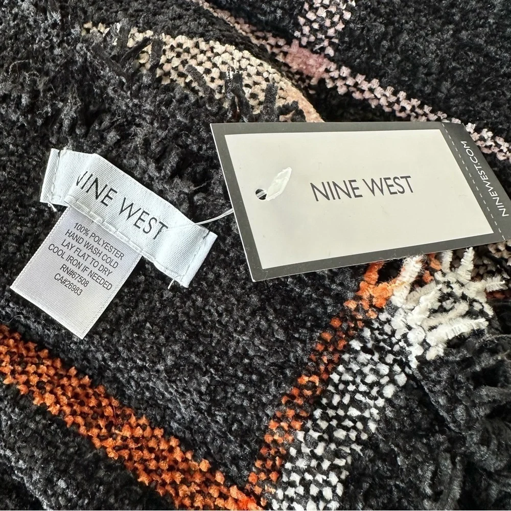 Nine West Cozy Black and Orange Oversized Fringed Scarf